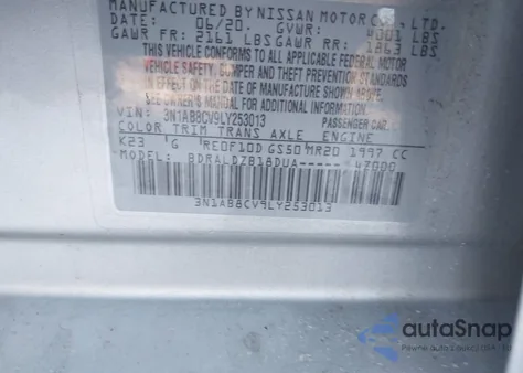 2020 Nissan Sentra Sv Xtronic Cvt из США, поврежденный, VIN 3N1AB8CV9LY253013